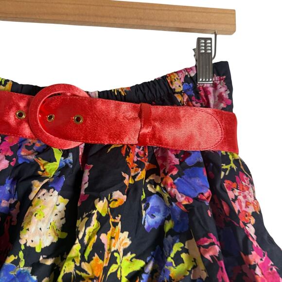 Caroline Constas Reign Black Multi Floral Tiered Ruffle Belted Mini Skirt M - Picture 2 of 8